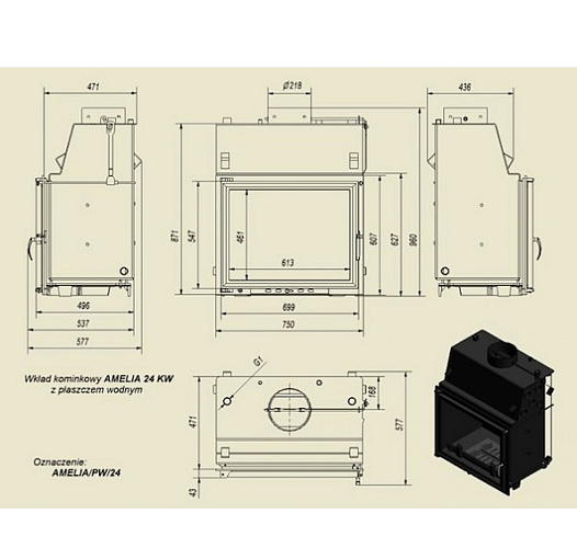 Каминная топка Amelia/PW/24/GLASS с водяным контуром_1